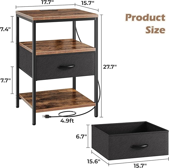 SUPERJARE Night Stand with Charger Station, 27.7 Inch Tall Nightstand with Adjustable Fabric Drawer, Bed Side Table, Fabric Drawer Dresser for Bedroom, Living Room, Rustic Brown and Black