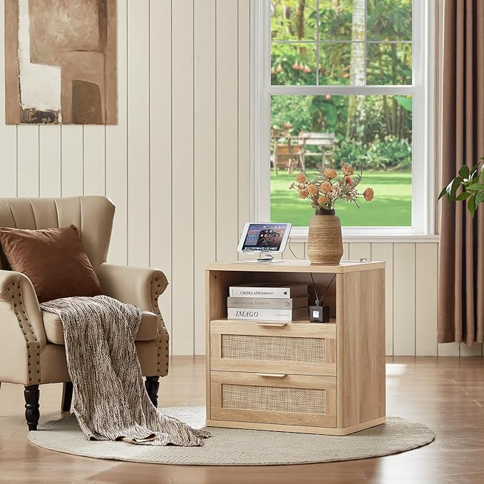 LEYAOYAO Rattan Nightstands Set of 2 with Charger Station, 23" Wide Boho Night Stand with 2 Drawers, Natural Wood Bedside Table Open Shlef, Bed Side End Table Dresser for Bedroom, Living Room Hallway