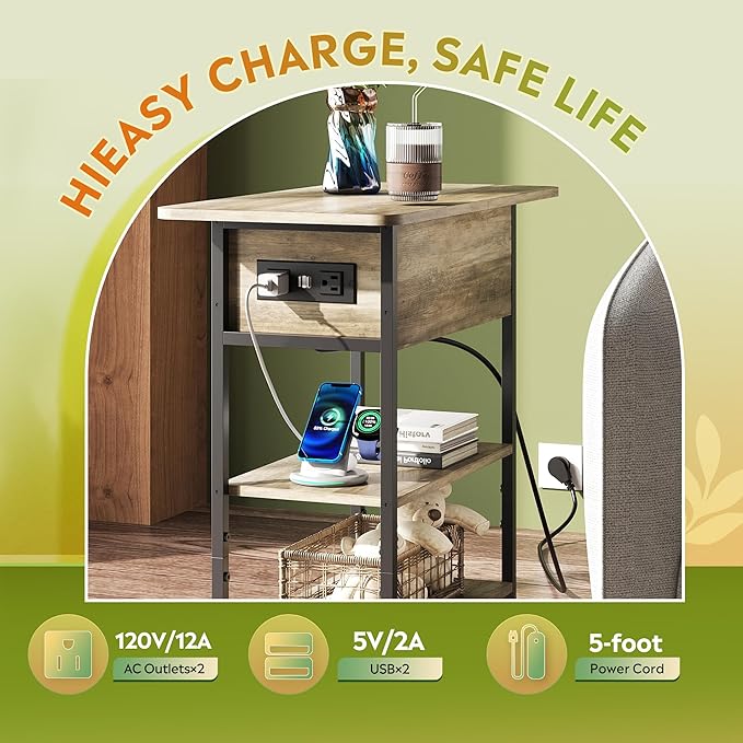 WLIVE End Table with Charging Station, Flip Top Side Table with Storage Shelf, Sofa Couch Table with USB Ports and Outlets, Narrow Bedside Table for Living Room, Bedroom ,11.81"D x 23.62"W x 24.33"H