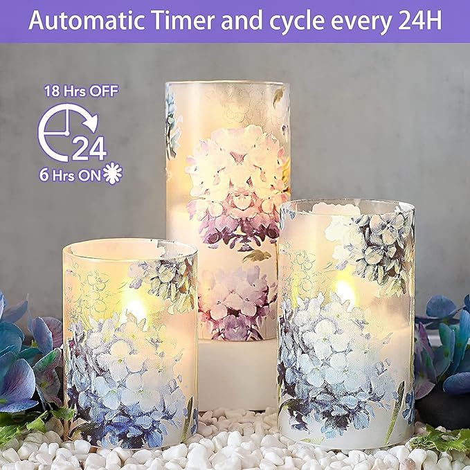 Blue Violet Hydrangea Flameless Candles LED Flicker with Remote DIM Love Theme Summer Spring Decorative Glass Decor Wedding Date Proposal Dinner Table Home Gift for Lover