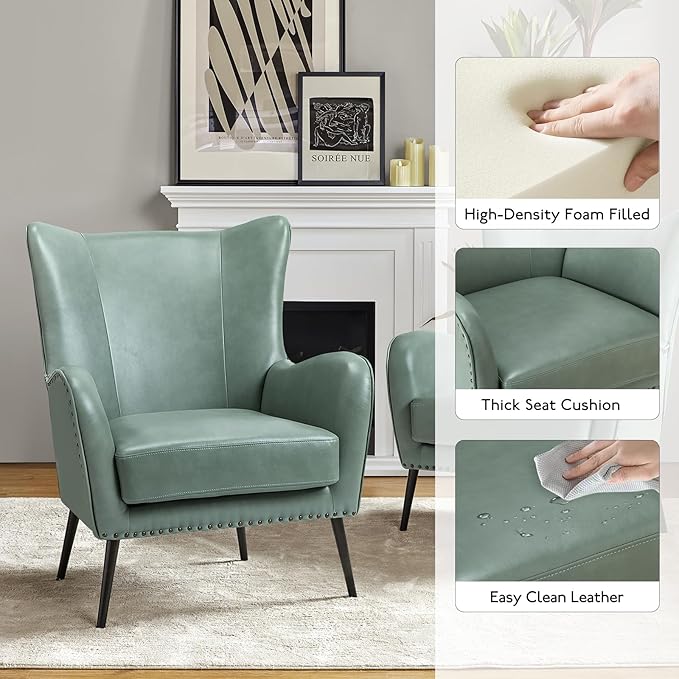 HULALA Home Faux Leather Accent Chair Set of 2 w/Removable Cushion, Comfy Upholstered Armchair with Metal Legs & Nailhead Trim Wingback Vanity Chair Desk Chair for Reading Living Room Bedroom, SAGE