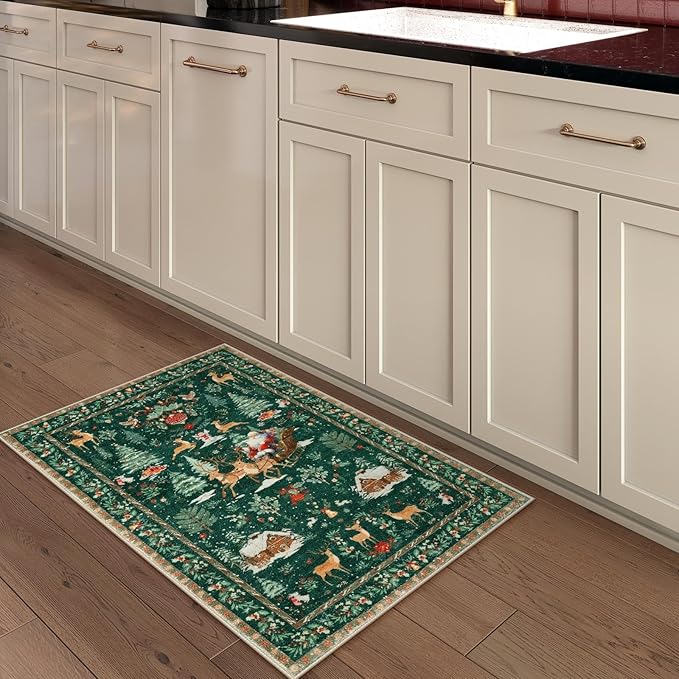 Lahome Indoor Christmas Rug 2x3 Small Kitchen Bathroom Rugs for Entryway,Washable Soft Non-Slip Christmas Tree Santa Claus Area Rug,Door Mat for Winter Living Room Bedroom Holiday Decor(2x3,Green)