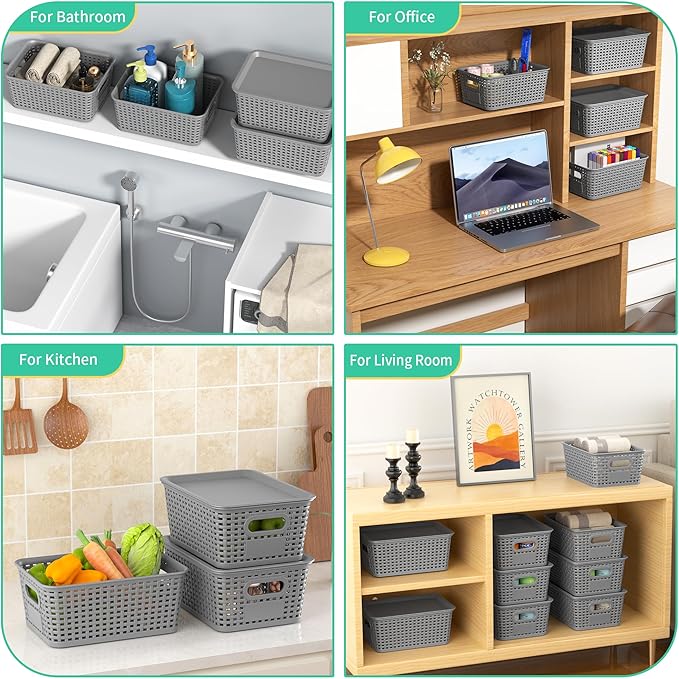 8-Pack Grey Plastic Storage Baskets with Lids, Label Organizers, Stackable Organizer Containers: For Organizing Shelves, Drawers, Desk Closets, Playrooms, Classrooms, Offices