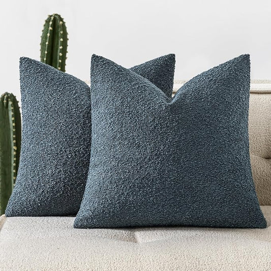 Woaboy Pack of 2 18x18 Inch Decorative Boucle Throw Pillow Covers Textured Square Pillowcaes Accent Solid Cozy Soft Cushion Covers Home Decor for Sofa Couch Living Room Home Decor,Dark Blue