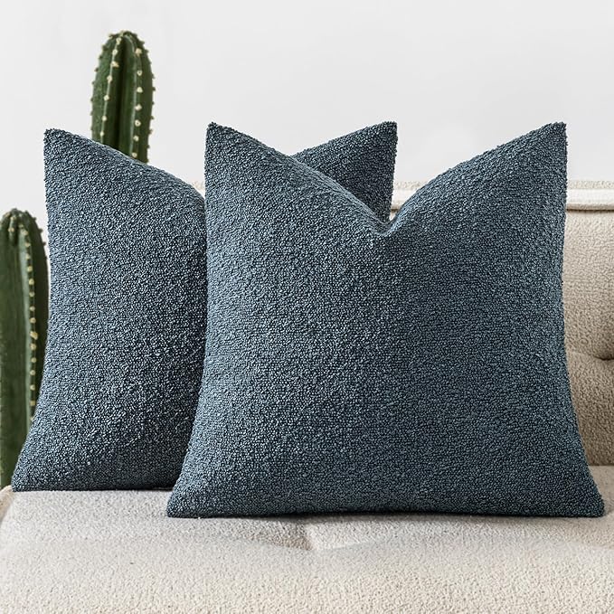 Woaboy Pack of 2 20x20 Inch Decorative Boucle Throw Pillow Covers Textured Square Pillowcaes Accent Solid Cozy Soft Cushion Covers Home Decor for Sofa Couch Living Room Home Decor,Dark Blue