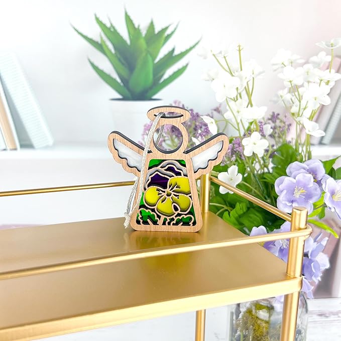 Pansies Gifts for Women - Pansy Christmas Ornament - Yellow Purple Flower Suncatcher - Memorial Angel Figurine - 3.5" (H)