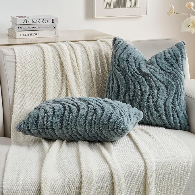FUTEI Blue Decorative Throw Pillow Covers 12x20 Inch Set of 2,Soft Faux Fur Geometric Shapes Texture Pillowcase,Boho Home Decor for Couch Bed Living Room
