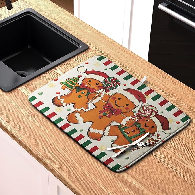 Christmas Dish Drying Mat Gingerbread Man Candy Cane Xmas Tree Drying Mats for Kitchen Counter Winter Holiday Dish Drainer Pad Absorbent Microfiber Dish Draining Mat 18x24 Inch