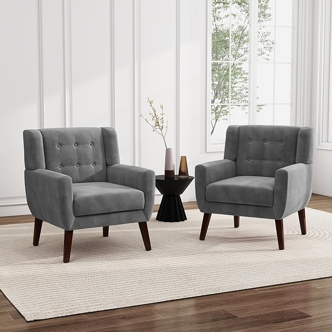 UIXE Accent Chairs Set of 2, Velvet Upholstered Armchair for Living Room, Modern Club Arm Chairs Comfy Single Sofa Button Tufted Bedroom Reading Seat - Gray