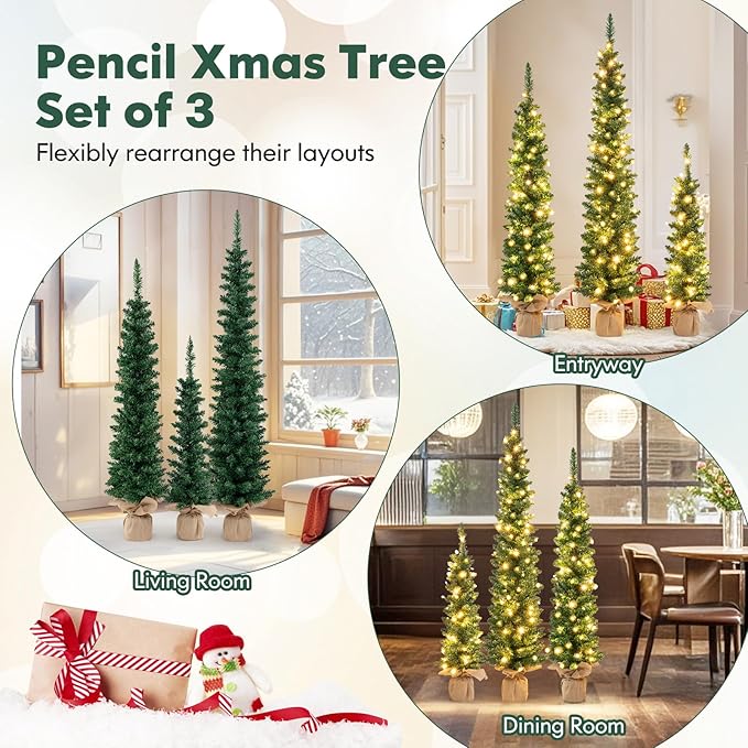 GOFLAME Set of 3 Pre-Lit Christmas Trees, Pencil Artificial Christmas Trees 3Ft, 4Ft and 5Ft with Warm White LED Lights, Burlap Base, Seasonal Holiday Decoration Tree for Home Party