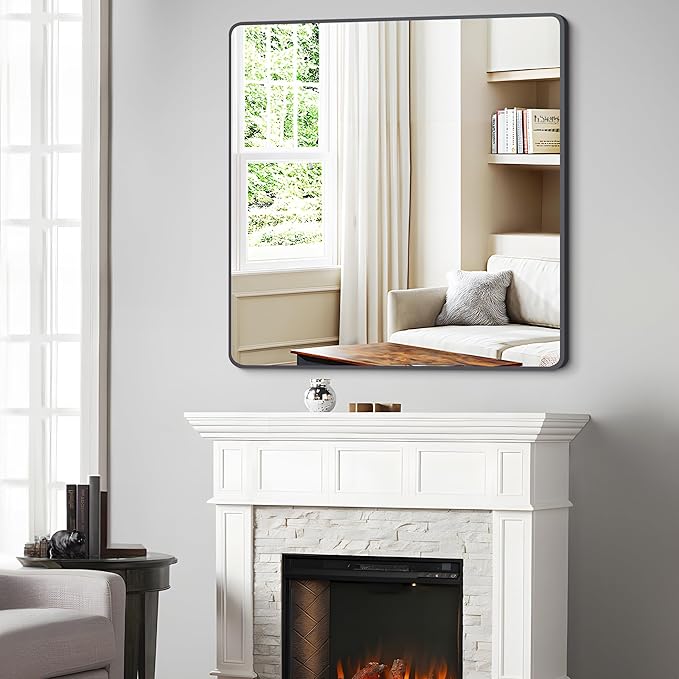 FORBATH Bathroom Mirror 36" x 36",Large Square Wall Mirror with Black Aluminum Frame Rounded Corner, Wall Mounted Mirror for Bathroom Bedroom Entryway Living Room