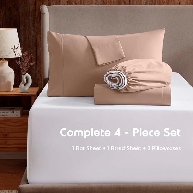 Nestl Extra Deep Twin Sheet Set - 4 Piece Breathable & Cooling Sheets - Hotel Luxury Bedding Set w/18-24 Inch Deep Pockets - Easy & Secure Fit - Super Soft, Wrinkle Free & Comfy - Taupe Sand