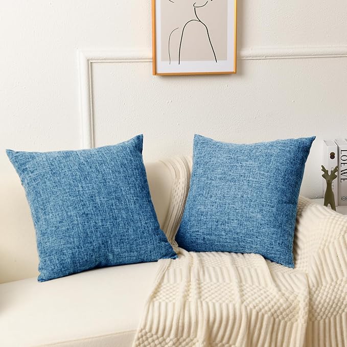 JIUZHEN 20x20 Inch Light Blue Faux Linen Pillow Covers Set of 2, Coastal Farmhouse Cushion Covers for Bedroom Sofa, Washed Texture Zipper Closure