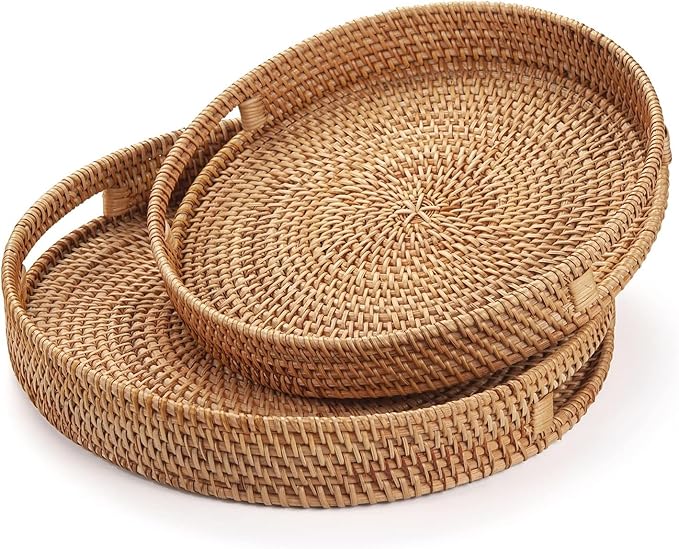 16.9" Round Rattan Tray, Hand Woven Serving Tray with Handles, Wicker Serving Basket, Decorative Tray for Home Decor, Natural