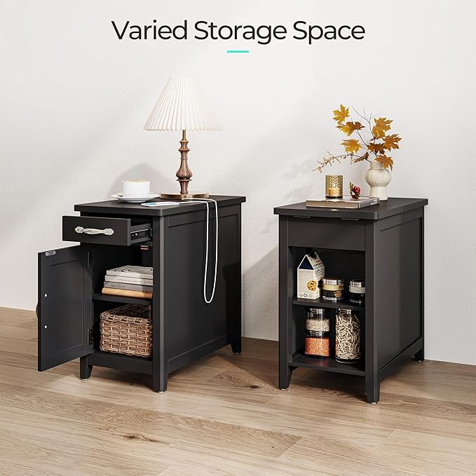 LINSY HOME End Table Set of 2 with Charging Station, Modern Farmhouse Sofa Couch Side Table, Wooden Bedside Table for Living Room Bedroom, Narrow Nightstand with Storage for Small Space, Black