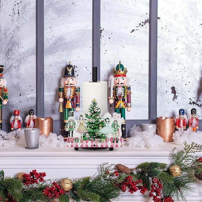 Yookeer Christmas Paper Towel Holder Nutcracker Floral Holly Buffalo Plaid Christmas Tree Towels Paper Holder for Kitchen Countertop Bathroom Home Farmhouse Winter Replaceable Xmas Tree Decor Indoor