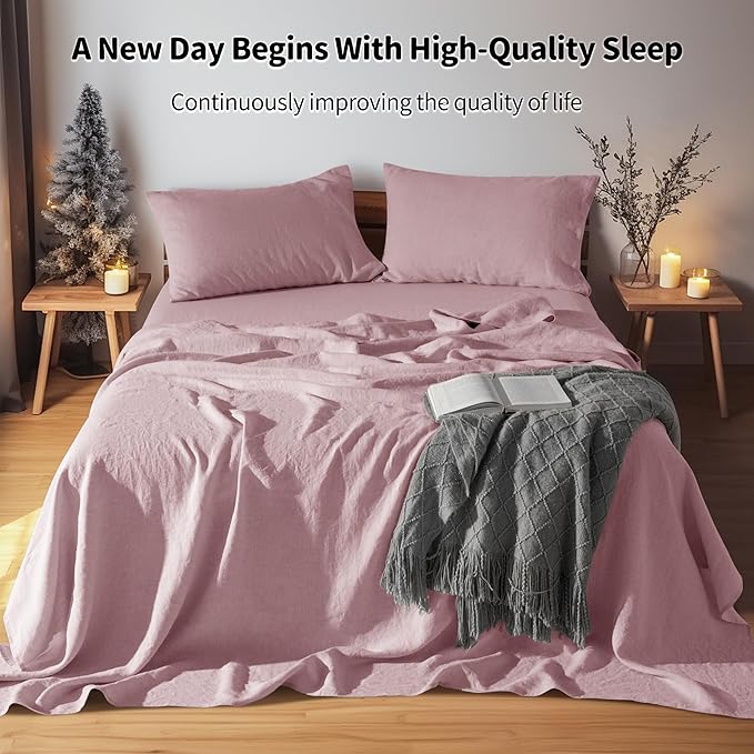 LBRO2M 100% Linen Sheet Set Twin Size,Bed Sheets 3 Piece Sets,Solid Color Natural Flax Bed Sheets Soft Breathable Bedding,16" Deep Pocket,All Season (Twin, Embroidery Purple)