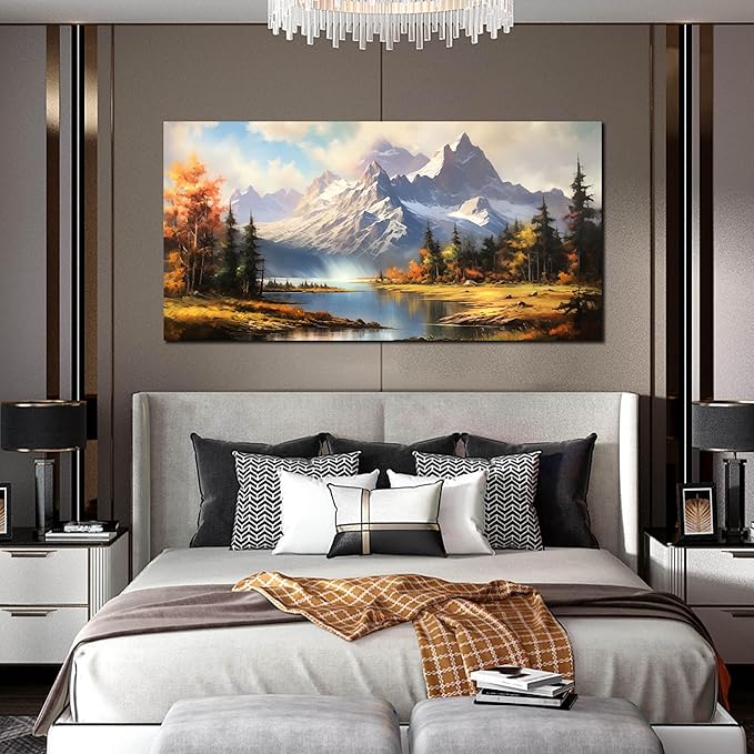 Mountain Wall Art for Living Room Bedroom Office Nature Wall Art Large Mountain Lake Forest Landscape Pictures Modern Artwork Framed Wall Decor Canvas Prints 29x59 Inch