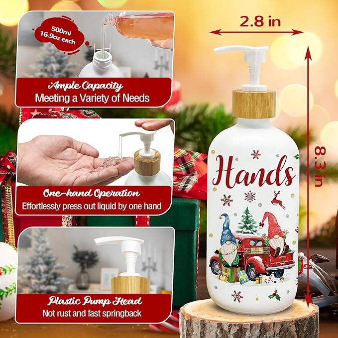 Hexagram Christmas Soap Dispenser Set of 2, Christmas Kitchen Decor, Xmas Gnome Snowman Glass Soap Dispenser for Home Indoor Decorations, Xmas Refillable Lotion Essential Oil Dispensers with Pump