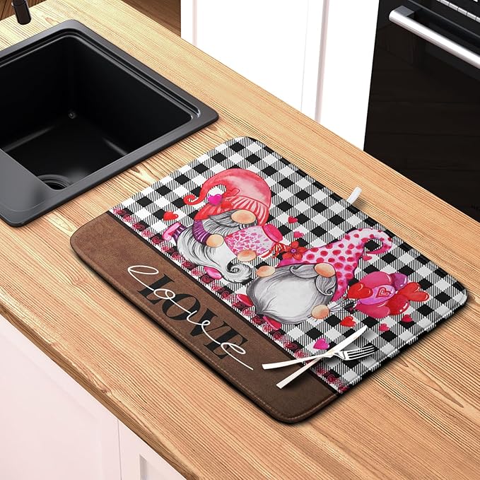 Valentine's Day Dish Drying Mats for Kitchen Counter, Gnome Love Kitchen Drying Mat, Buffalo Plaid Dish Drainer Mat Absorbent Quick Dry Dishes Pad 18 x 24 In - Farmhouse Decor Valentines Gift