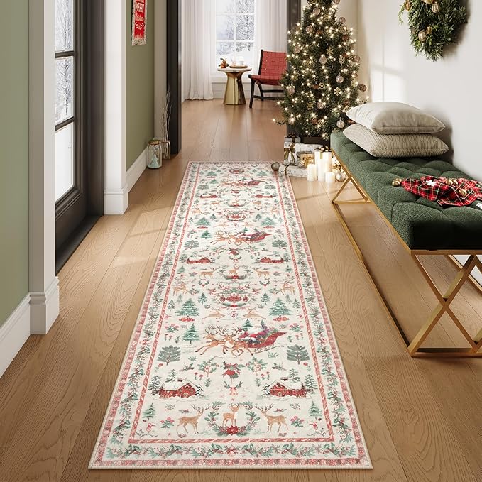 Lahome Christmas Beige Hallway Runner, Kitchen Non Skid Washable, Soft Christmas Tree Santa Claus Bathroom Carpet for Entryway Bedside Holiday Decor (2'x10')