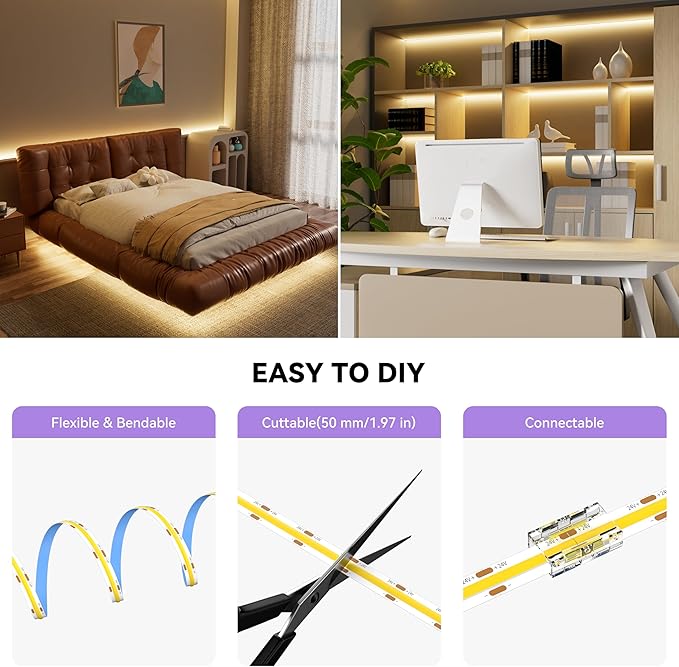 MIWISE COB LED Strip,3000K Warm White 32.8ft/10m,Dimmable Super Bright 24V LED Strip Light,CRI 90+ Flexible Tape Light with RF Remote Timer Function,for Home/Cabinet/Bedroom/TV DIY Lighting Project