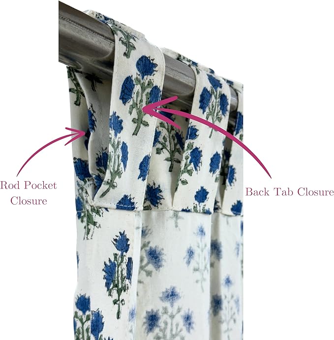 ATOSII 100% Cotton Single Panel Floral Block Print Curtain, Easy Hanging with Rod Pocket & Loop, Living Room, Dining Room, Bedroom Light Filtering Boho Curtains, Set of 1, 60"W X 96"L, Gulbahar Blue