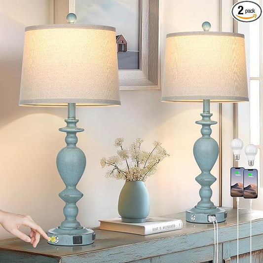 27.5" Coastal Table Lamp for Living Room Set of 2,Retro Blue Bedside Nightstand Lamps with USB C+A Ports & AC Outlet,3-Way Dimmable Touch Control Desk Lamp for Bedroom