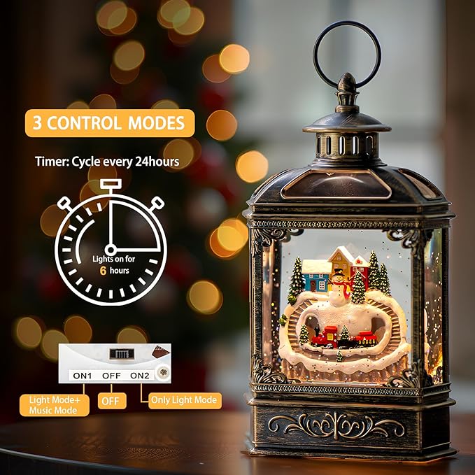 Christmas Village Snow Globe Lantern Musical Lighted Mountain Village Snowman & Train Water Lantern in Swirling Glitter, Christmas Home Decoration and Gift, Battery Operated or USB Powered