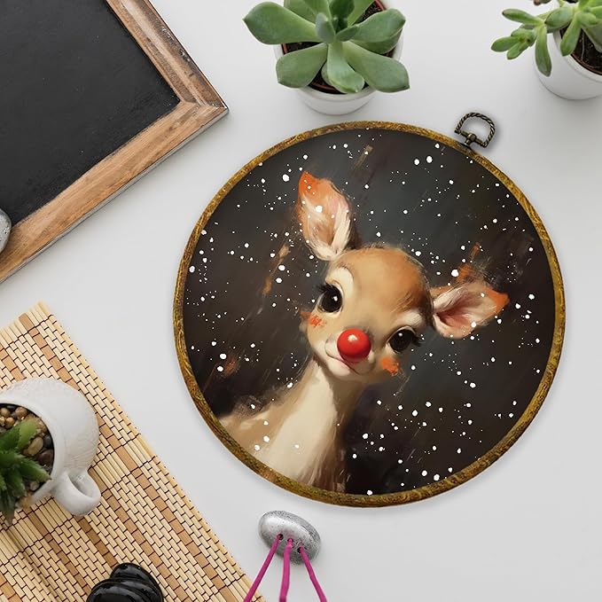 XPH Christmas Red Nose Reindeer Round Wall Art Framed, Christmas Whimsical Deer Circle Wall Decor, Xmas Rustic Winter Deer Hanging Canvas Prints for Home Bedroom Living Room Decoration, 10x10 Inch