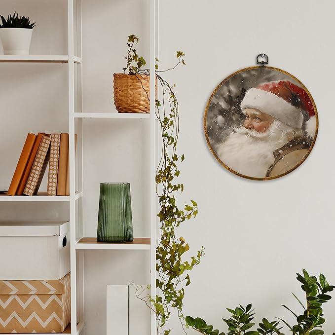 XPH Vintage Christmas Santa Round Wall Art Framed, Rustic Christmas Circle Wall Decor, Farmhouse Cozy Winter Xmas Hanging Canvas Prints for Home Bedroom Living Room Decoration, 10x10 Inch
