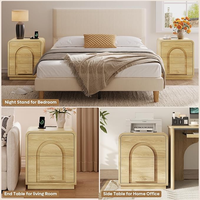 Bestier Night Stand Set of 2, Nightstands with Charging Station, Mid Century Modern Bedside Table with 2 Drawers Storage, Arch Design Doors, Curved Profile, Side End Tables for Bedroom