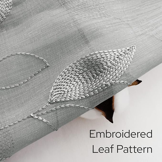 HOMEIDEAS Grey Sheer Kitchen Curtains 30 X 36 Inch Length 2 Panels Embroidered Leaf Pattern Short Curtains for Small Window Valance Tiers