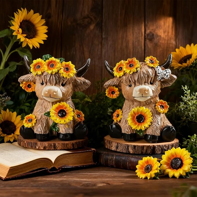 2 Pcs Highland Cow Figurines Spring Sunflower Highland Cow Gifts Summer Decorations for Kitchen Home Office Tiered Tray Table Decor