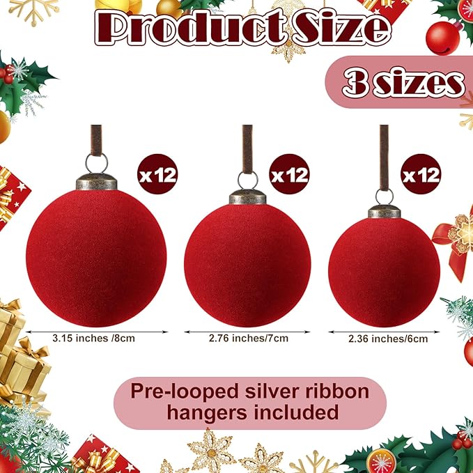 36 Pcs Velvet Christmas Balls Bulk - Flocked Christmas Tree Ball Ornaments Hanging Decoration for Xmas Tree, Wreath, Home or Party Decorations, 2.36", 2.76", 3.15"(Wine Red)