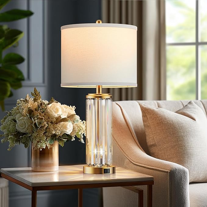 QiMH Gold Table Lamps for Bedroom Set of 2 with Nightlight, Modern Bedside Lamp with 2 USB A+C Charging Port, Clear Nightstand Lamp for Living Room White Shade Home Light Decor(LED Bulbs Included)
