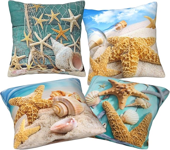 Ocean Beach Throw Pillow Covers 18 x 18 Inch Seashell Starfish Conch Ocean Themed Decorative Pillows Soft Cushion Cases for Couch Sofa Bed Home Decor Set of 4