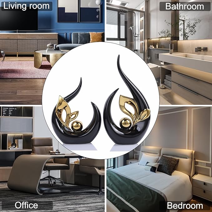 13" H Black Gold Abstract Sculptures Home Decor, Ceramic Art Statue Cool Stuff to Put on Shelves&tv Stand Decor, Gold Accent Entertainment Center, for Fireplace Coffee Table Dining Table Decorate