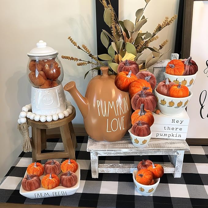 12pcs Velvet Fake Pumpkins Fall Decor Faux Small Foam Fabric Pumpkin for Autumn Table Centerpiece Party Farmhouse Harvest Thanksgiving (Orange/Desert Tan)