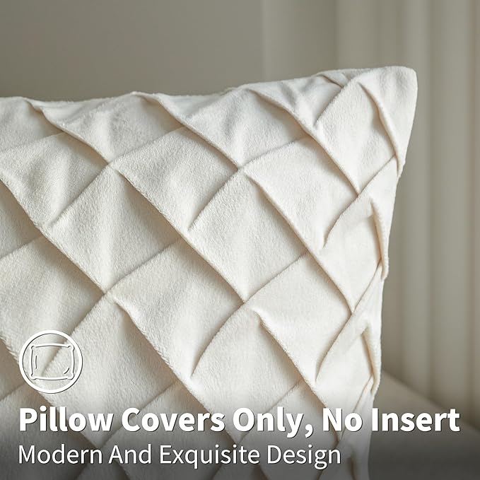 Velvet Decorative Throw Pillow Covers Set of 2, 18x18 Inch Soft Modern Weave Cushion Case, Farmhouse Home Decor Pillowcase for Sofa Living Room Couch Bed Cream White