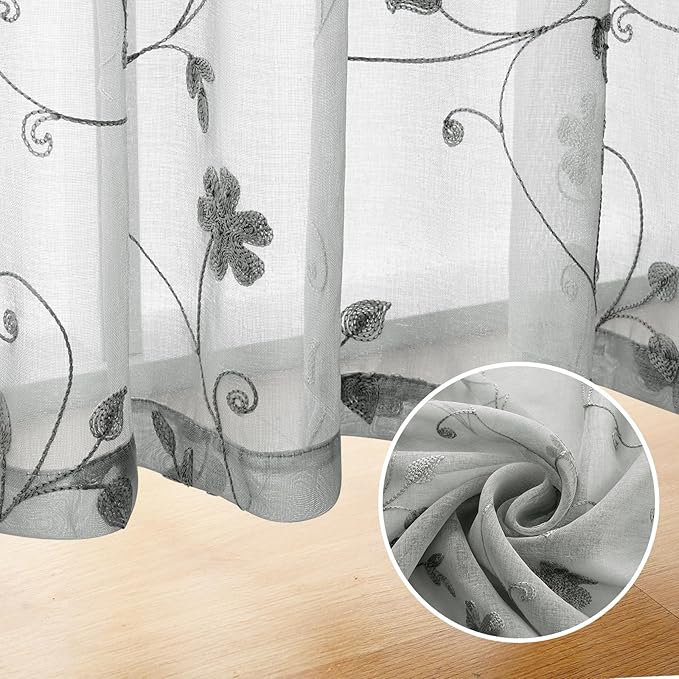 HOMEIDEAS Grey Sheer Curtains 96 Inches Long 2 Panels Embroidered Floral Pattern Semi Sheer Window Curtains for Bedroom Living Room