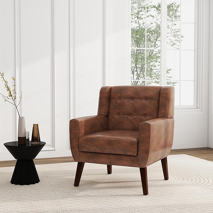 UIXE PU Leather Accent Chairs Set of 2, Modern Arm Club Chair Upholstered Armchair for Living Room, Comfy Single Sofa Seats Button Tufted Reading Seating, Coffee