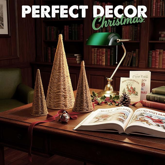 3pcs Natural Woven Christmas Trees Decor, Artificial Christmas Tree Decorations for Home Party Table Village Craft Indoor Outdoor Vintage Christmas Decor(Khaki+Dark Brown+Dark Khaki)