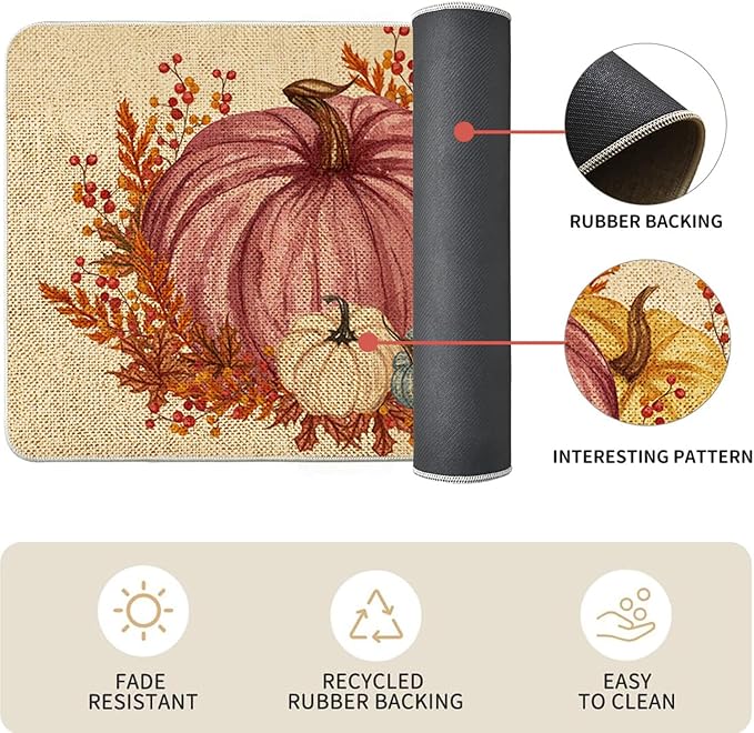 VAKADO Fall Kitchen Pumpkin Rugs Mat Set of 2, Home for Decor Door Front Floor Decorations Leaf Stain Halloween Thanksgiving Fade Resistant Non-Slip Rubber Backing Rug (17x29 Inch,17x47 Inch)