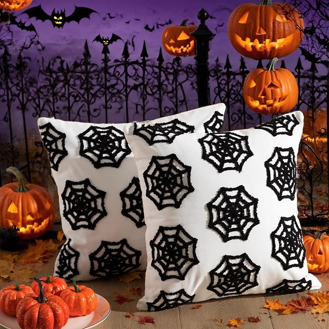 Set of 2 Halloween Spider Web Throw Pillow Covers 18x18 Inch Black White Spider Web 3D Protruding Throw Pillow Cases Soft Halloween Couch Cushion Case for Home Sofa Room Decoration