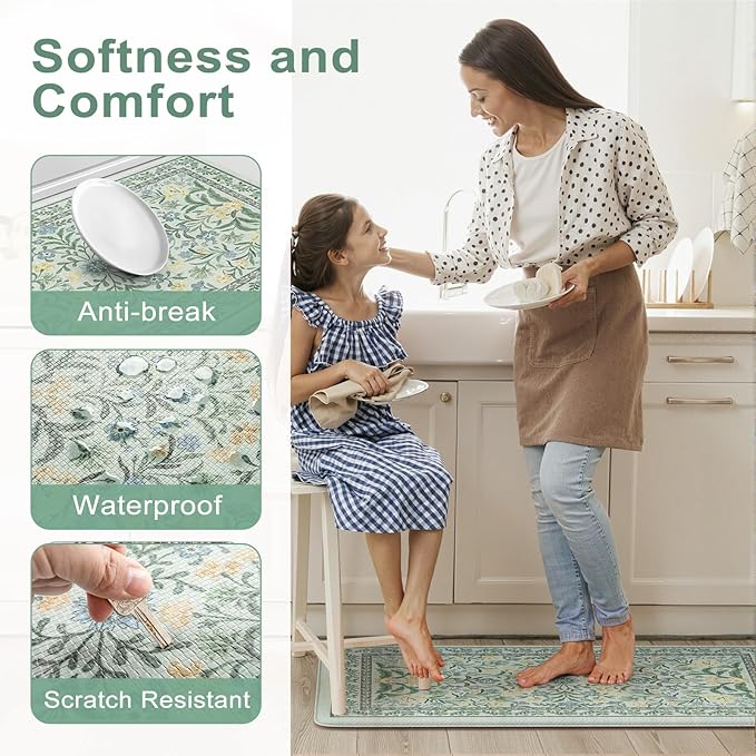 Collive Anti Fatigue Mats for Kitchen Floor, Cushioned Waterproof Sink Rug Set of 2 Spring Floral Kitchen Mat Comfort Non Skid Standing Rug for Office, Desk, Laundry, 17"x30"+17"x59"