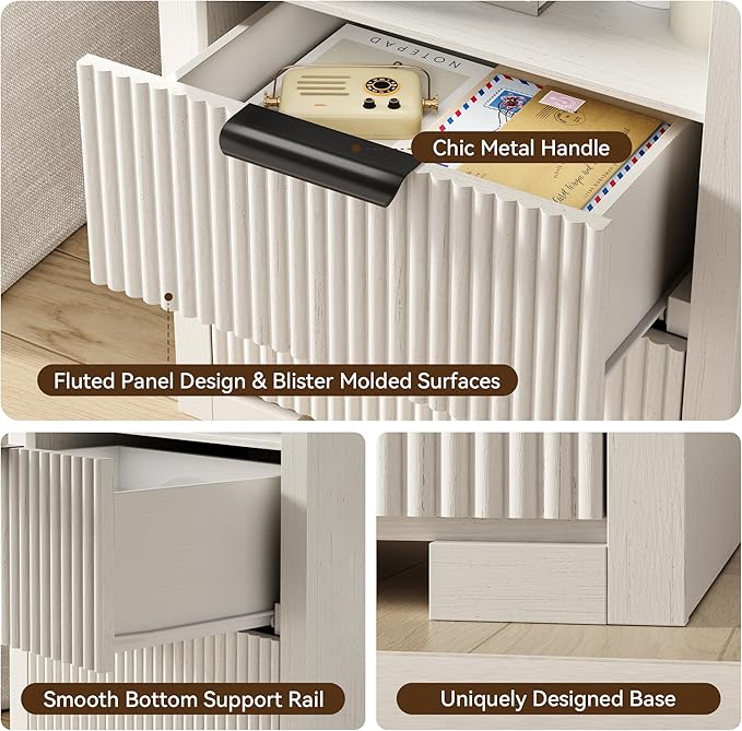 Fluted Nightstand Set of 2 with Charging Station,18" Night Stand with 2 Drawers,End Table with Storage, Bed Side Table for Bedroom,Modern Nightstand for Living Room, White