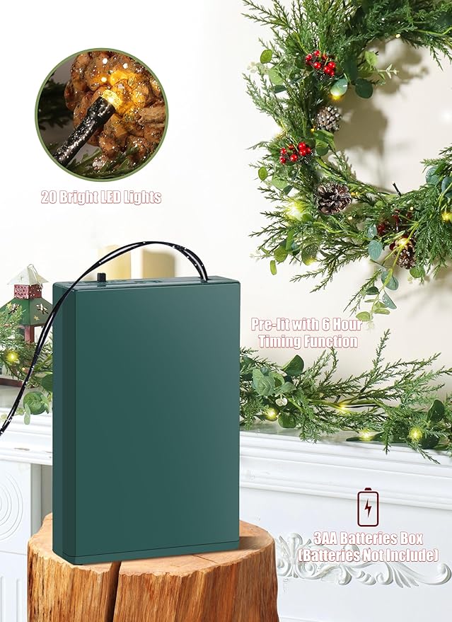 Brightown Christmas Garland with Lights, 6 Ft LED Battery Operated Christmas Lights with Pine Cones, Berry, Eucalyptus Leaves, Indoor Christmas Decorations for Stairs Fireplace Door, 2 Pack