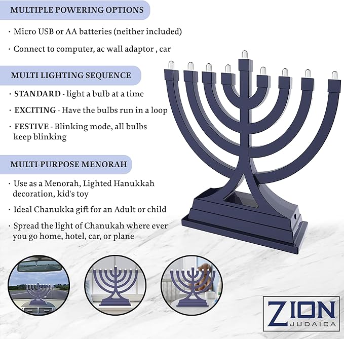 Zion Judaica Mini LED Hanukkah Menorah Battery or USB Operated - Multiple Light Settings On The Go Hanukkiah for Chanukah Decorations (Blue)