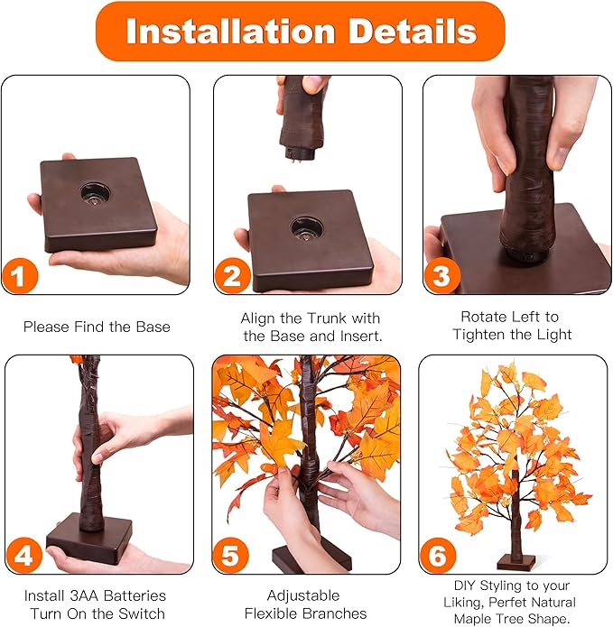 2 Pack 24 Inch Prelit Fall Maple Tree Fall Thanksgiving Decorations with 48 LEDs Battery Operated Timer Lighted Acorn Maple Artificial Tabletop Light Up Tree for Home Indoor Thanksgiving Table Decor